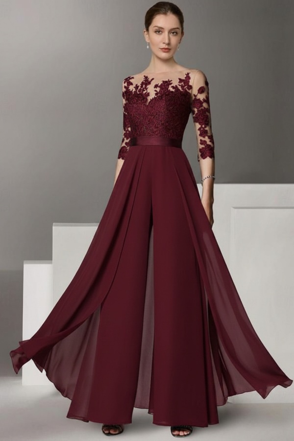 Festliche Hosenanzüge Lang | Chiffon Brautmutterkleider mit Ärmel