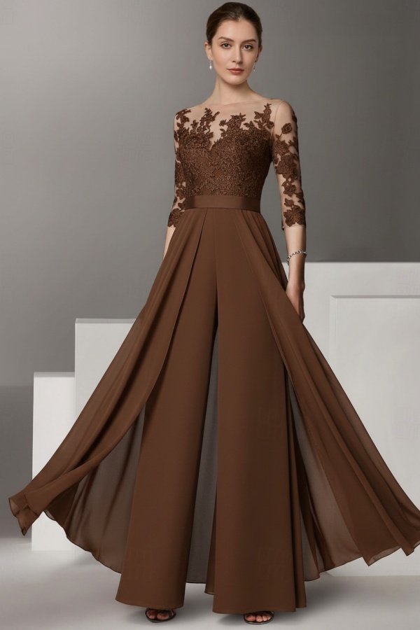 Festliche Hosenanzüge Lang | Chiffon Brautmutterkleider mit Ärmel