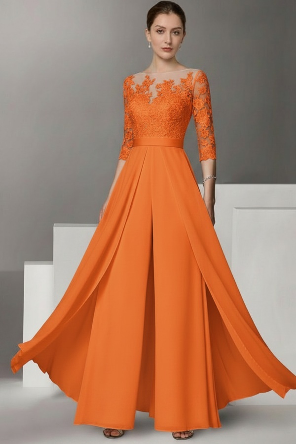 Festliche Hosenanzüge Lang | Chiffon Brautmutterkleider mit Ärmel