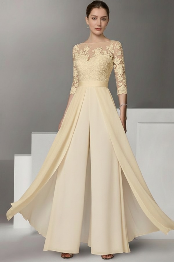 Festliche Hosenanzüge Lang | Chiffon Brautmutterkleider mit Ärmel
