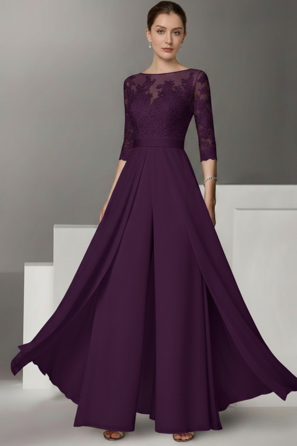 Festliche Hosenanzüge Lang | Chiffon Brautmutterkleider mit Ärmel
