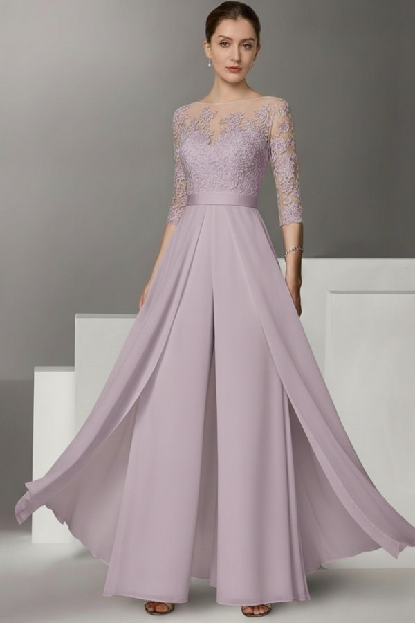 Festliche Hosenanzüge Lang | Chiffon Brautmutterkleider mit Ärmel