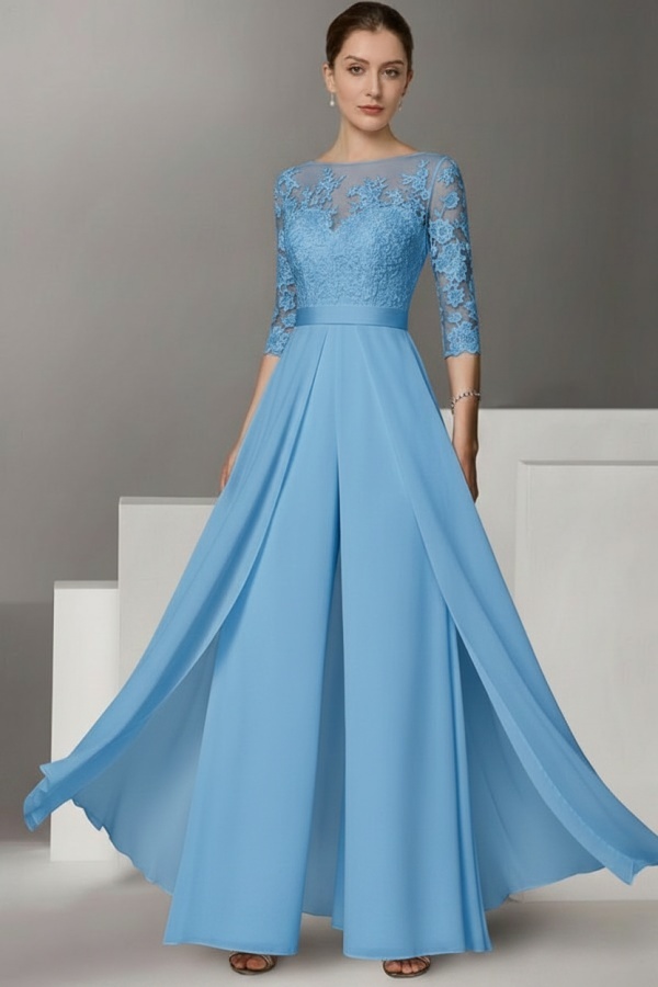 Festliche Hosenanzüge Lang | Chiffon Brautmutterkleider mit Ärmel