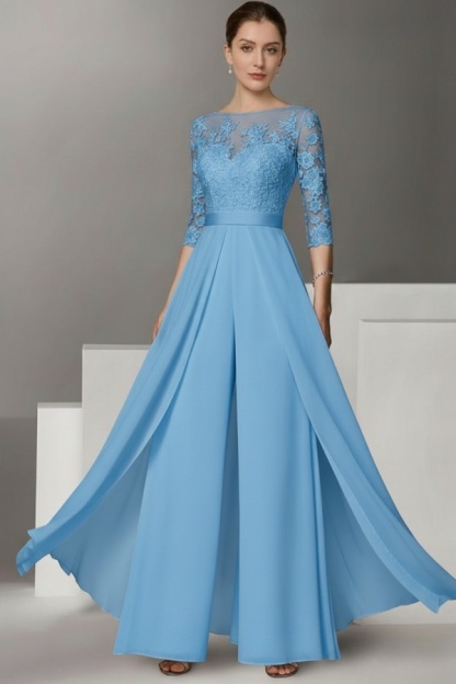 Festliche Hosenanzüge Lang | Chiffon Brautmutterkleider mit Ärmel