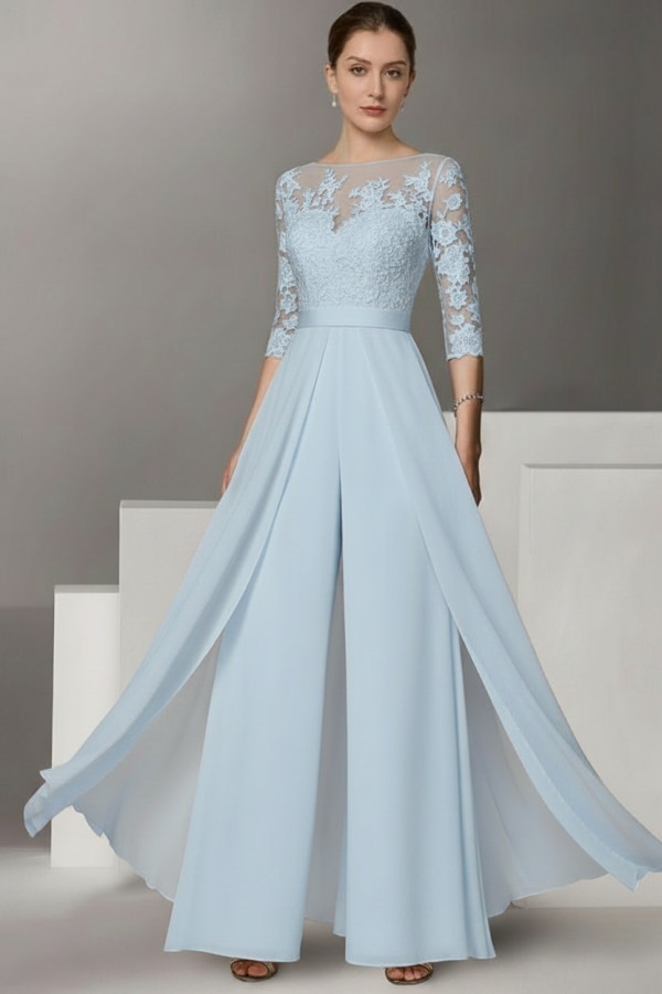 Festliche Hosenanzüge Lang | Chiffon Brautmutterkleider mit Ärmel