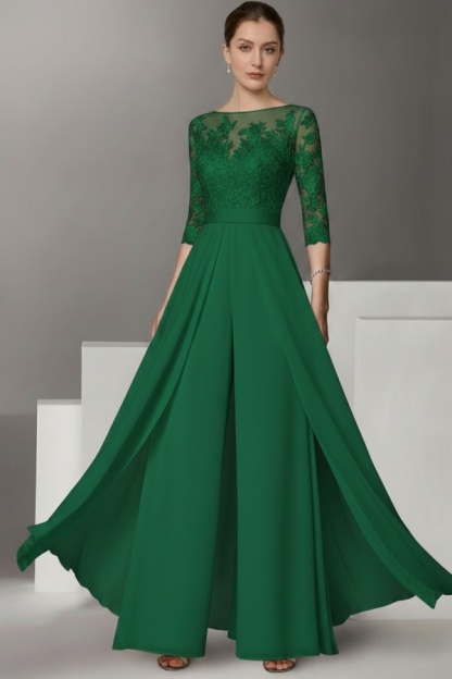 Festliche Hosenanzüge Lang | Chiffon Brautmutterkleider mit Ärmel