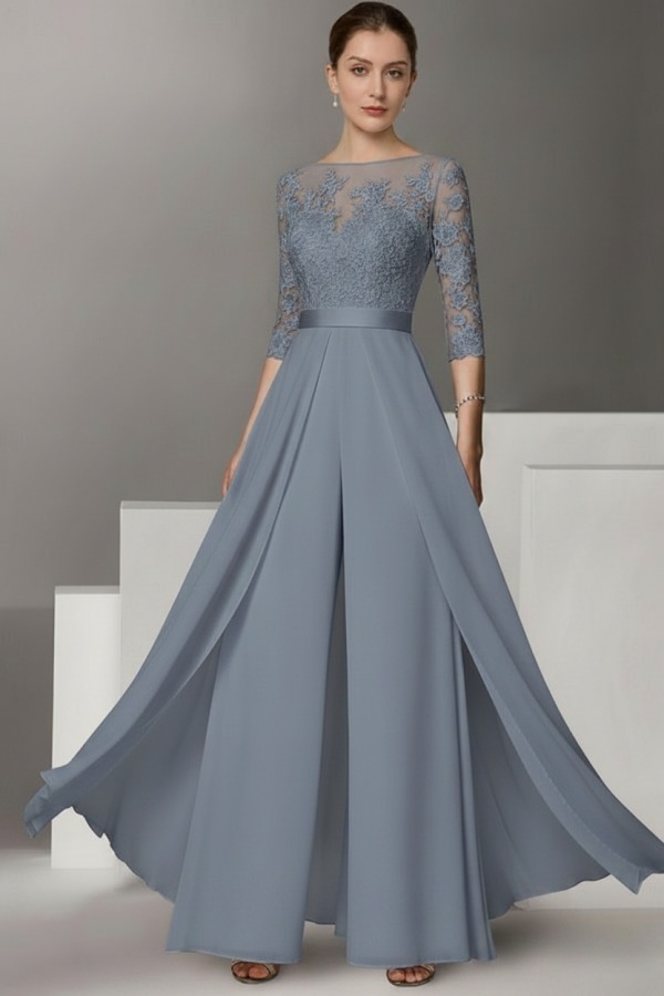 Festliche Hosenanzüge Lang | Chiffon Brautmutterkleider mit Ärmel