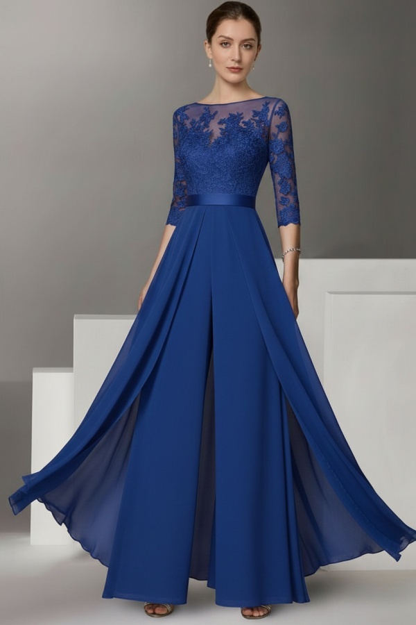 Festliche Hosenanzüge Lang | Chiffon Brautmutterkleider mit Ärmel
