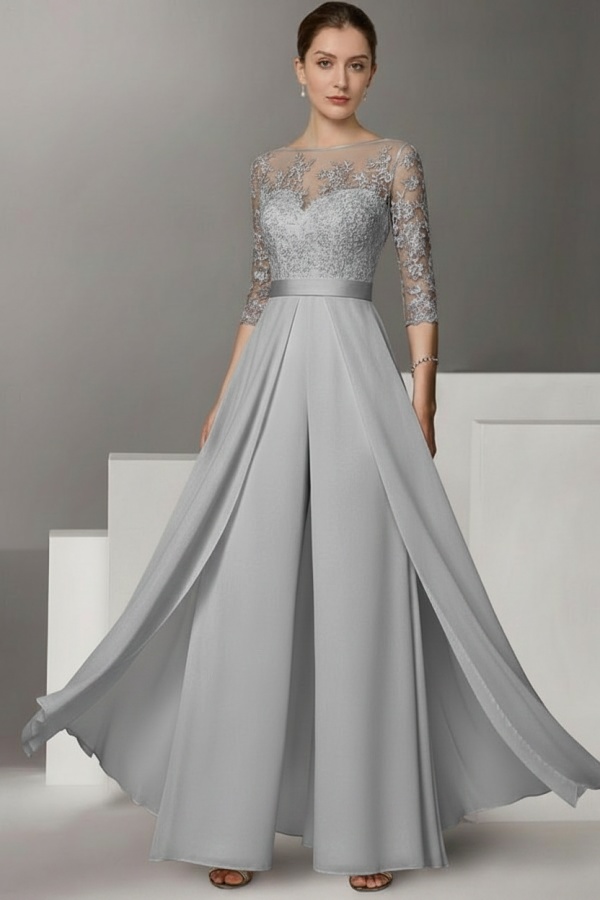 Festliche Hosenanzüge Lang | Chiffon Brautmutterkleider mit Ärmel