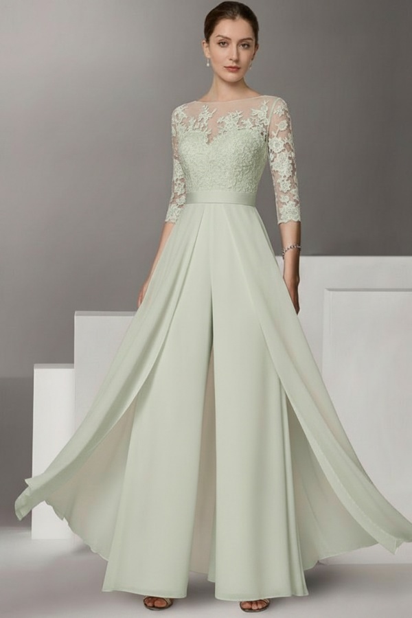 Festliche Hosenanzüge Lang | Chiffon Brautmutterkleider mit Ärmel