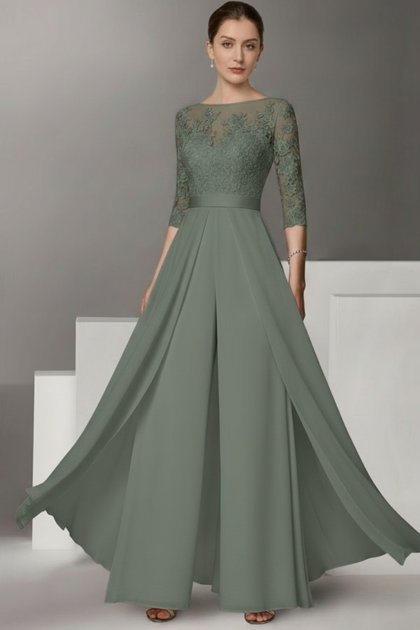 Festliche Hosenanzüge Lang | Chiffon Brautmutterkleider mit Ärmel