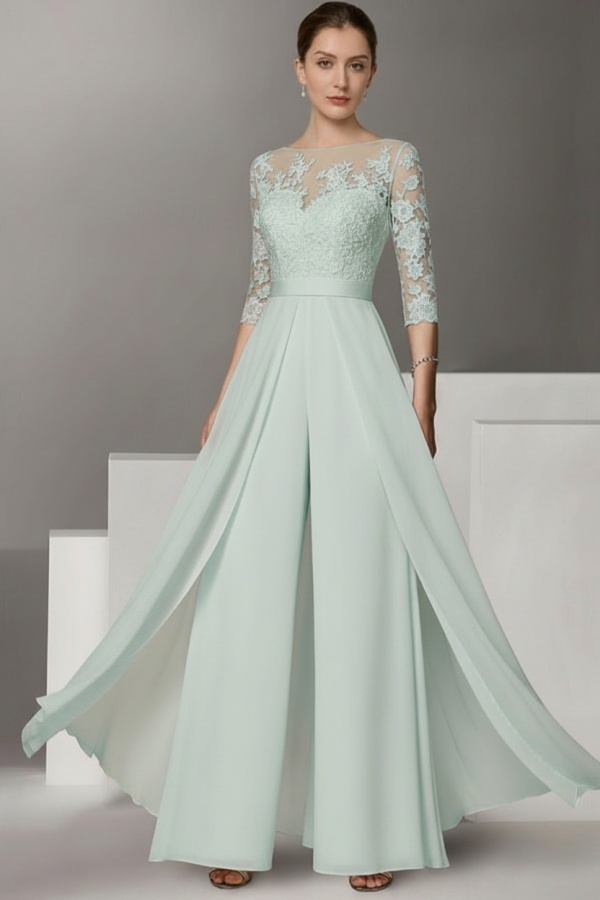 Festliche Hosenanzüge Lang | Chiffon Brautmutterkleider mit Ärmel