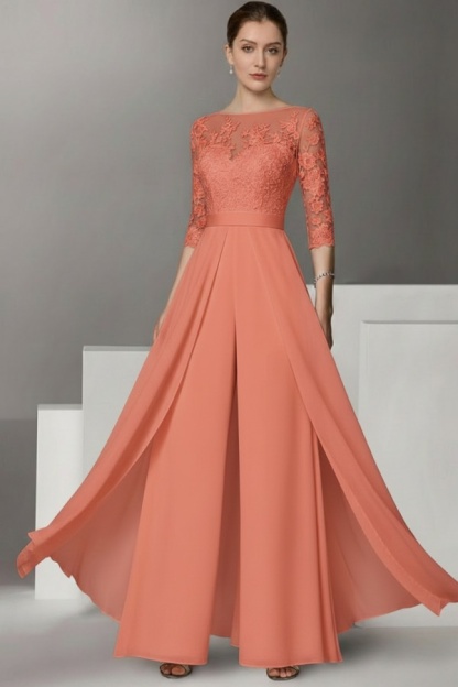 Festliche Hosenanzüge Lang | Chiffon Brautmutterkleider mit Ärmel