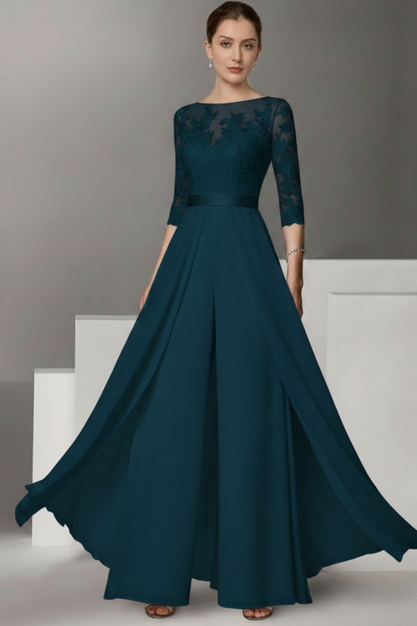 Festliche Hosenanzüge Lang | Chiffon Brautmutterkleider mit Ärmel