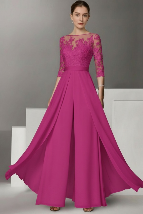 Festliche Hosenanzüge Lang | Chiffon Brautmutterkleider mit Ärmel