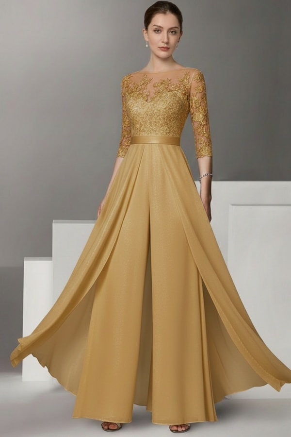 Festliche Hosenanzüge Lang | Chiffon Brautmutterkleider mit Ärmel
