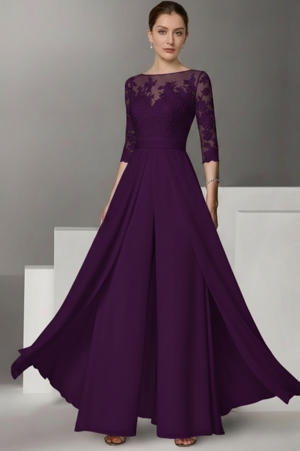 Festliche Hosenanzüge Lang | Chiffon Brautmutterkleider mit Ärmel