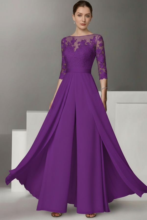 Festliche Hosenanzüge Lang | Chiffon Brautmutterkleider mit Ärmel