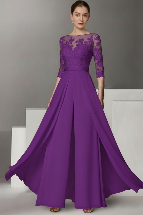 Festliche Hosenanzüge Lang | Chiffon Brautmutterkleider mit Ärmel