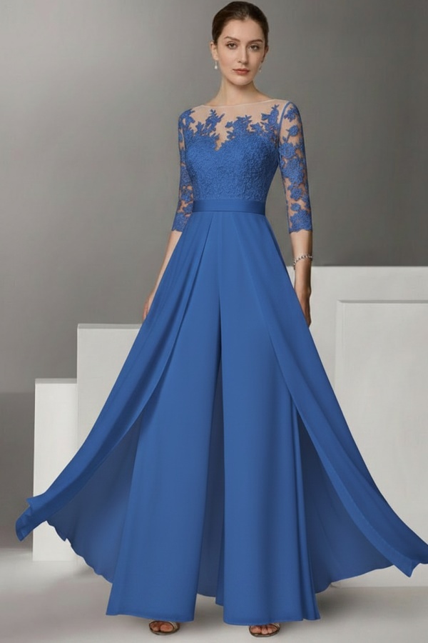 Festliche Hosenanzüge Lang | Chiffon Brautmutterkleider mit Ärmel