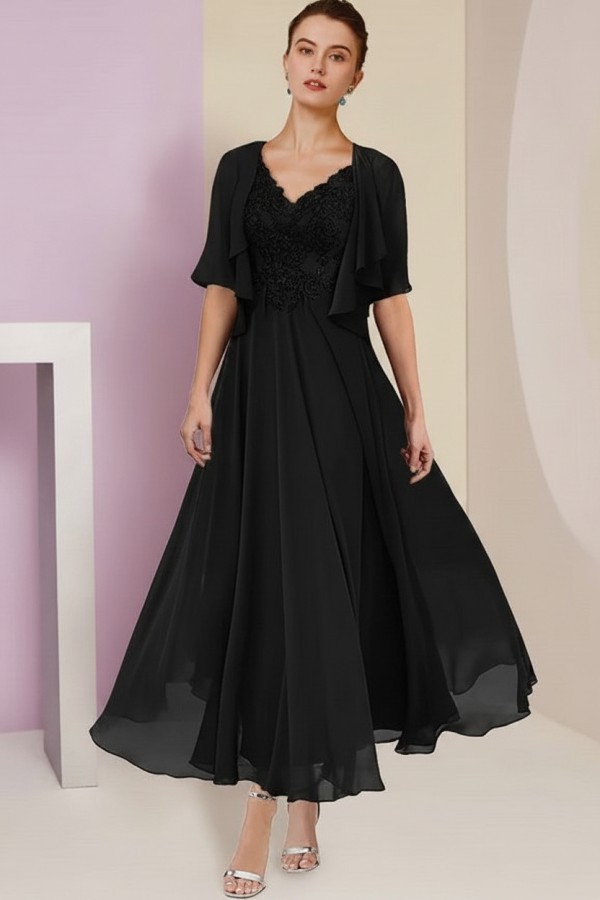 Elegant Rosa Brautmutterkleider Chiffon | Mutterkleider mit V-Ausschnitt