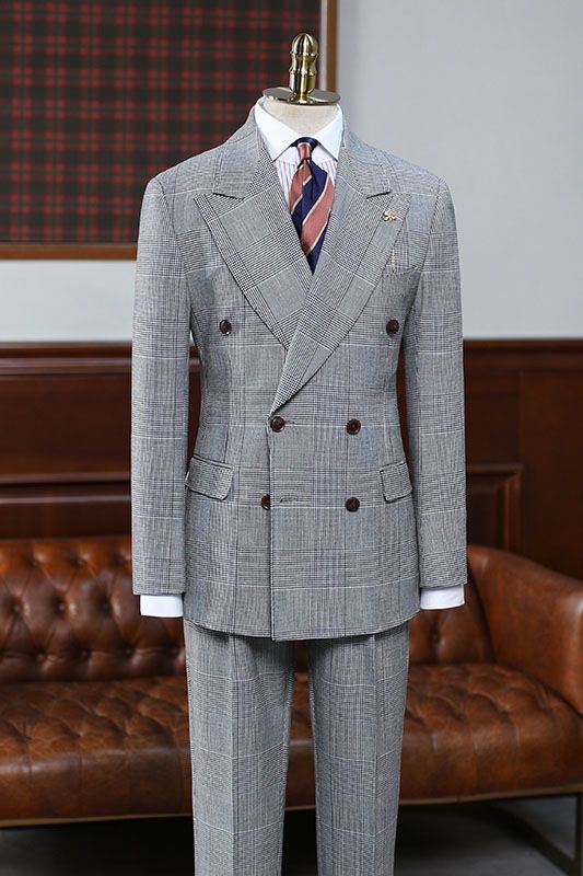 Alvis Gray Plaid Peaked Lapel Double Breasted Bespoke Men Suit For Business-babyonlinedressde