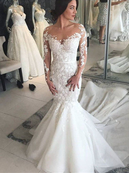 Modern Brautkleider mit Spitzenärmel | Hochzeitskleid Meerjungfrau Online