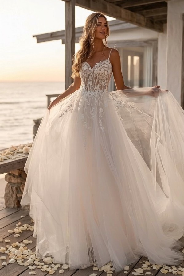 Boho Hochzeitskleider A Linie Spitze Tüll Brautkleider Schlicht