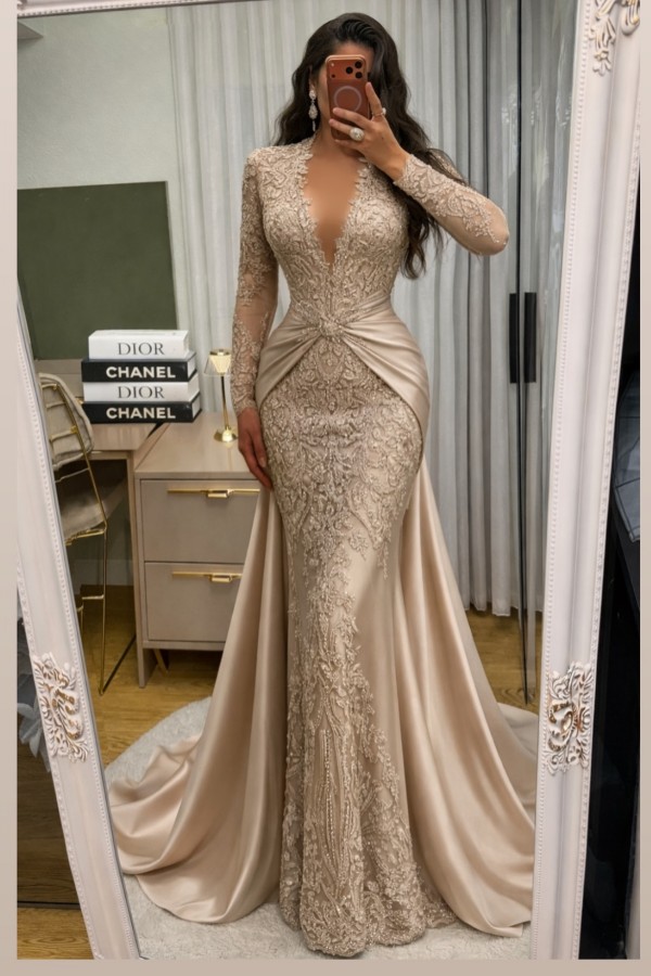 Wunderschöne Abendkleider Lang Spitze Abiballkleider mit Ärmel