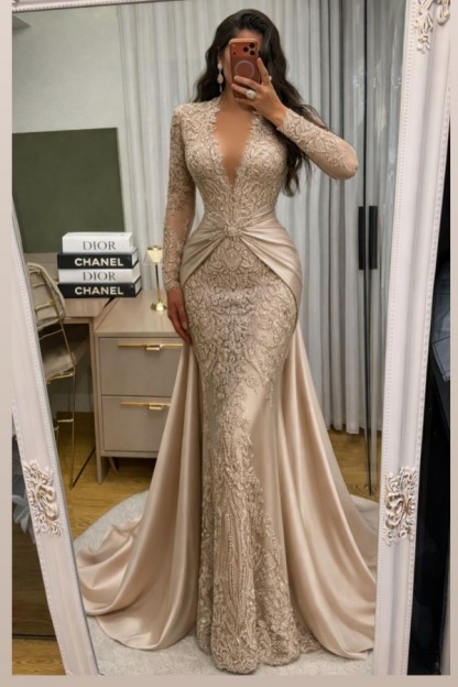 Wunderschöne Abendkleider Lang Spitze Abiballkleider mit Ärmel