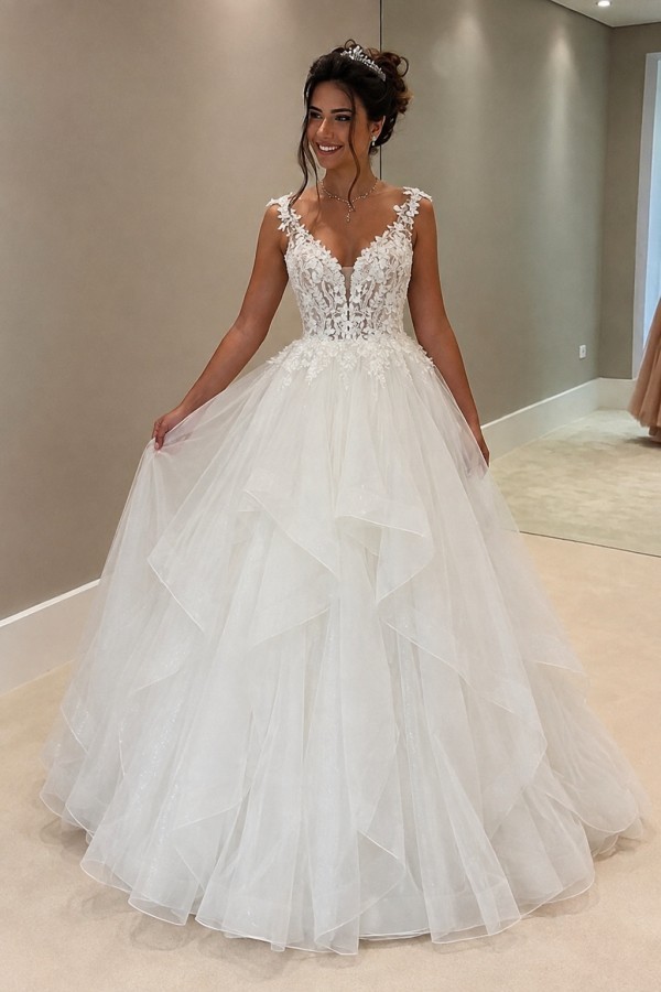 Wunderschöne Brautkleider A Linie Hochzeitskleid mit Spitze