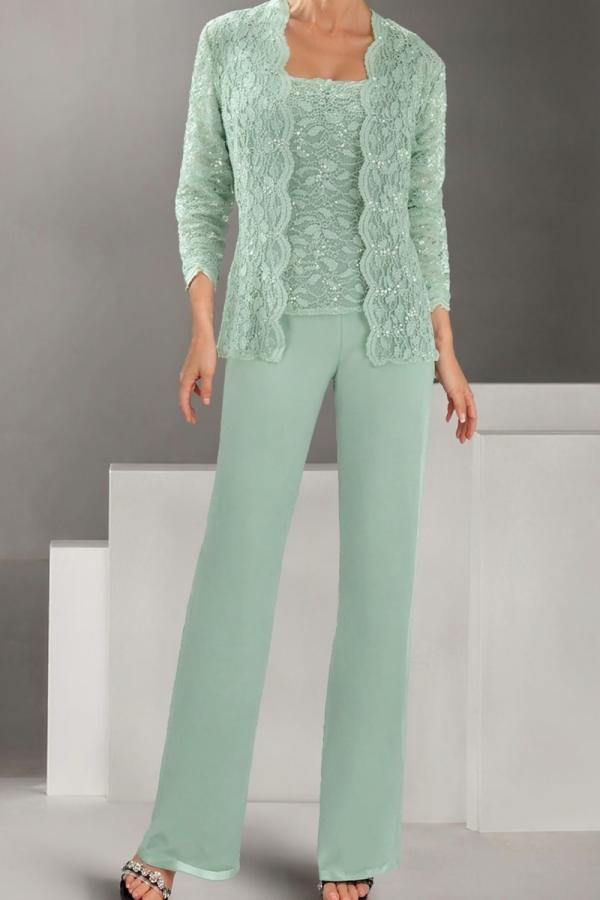 Mint Grün Summer Brautmutterkleider Hosenanzug mit Spitze Jacke