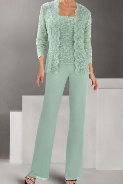 Mint Grün Summer Brautmutterkleider Hosenanzug mit Spitze Jacke