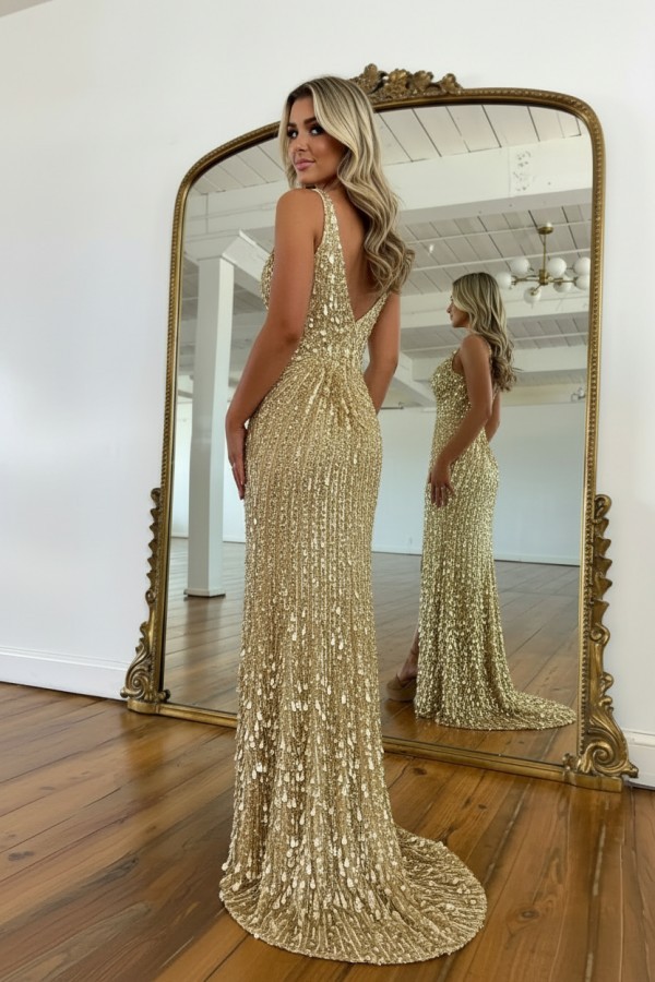Luxus Abendkleid Lang Gold Ballkleider V Ausschnitt Glitzer