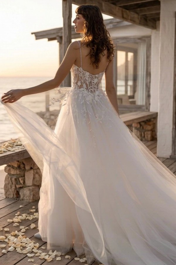 Boho Hochzeitskleider A Linie Spitze Tüll Brautkleider Schlicht