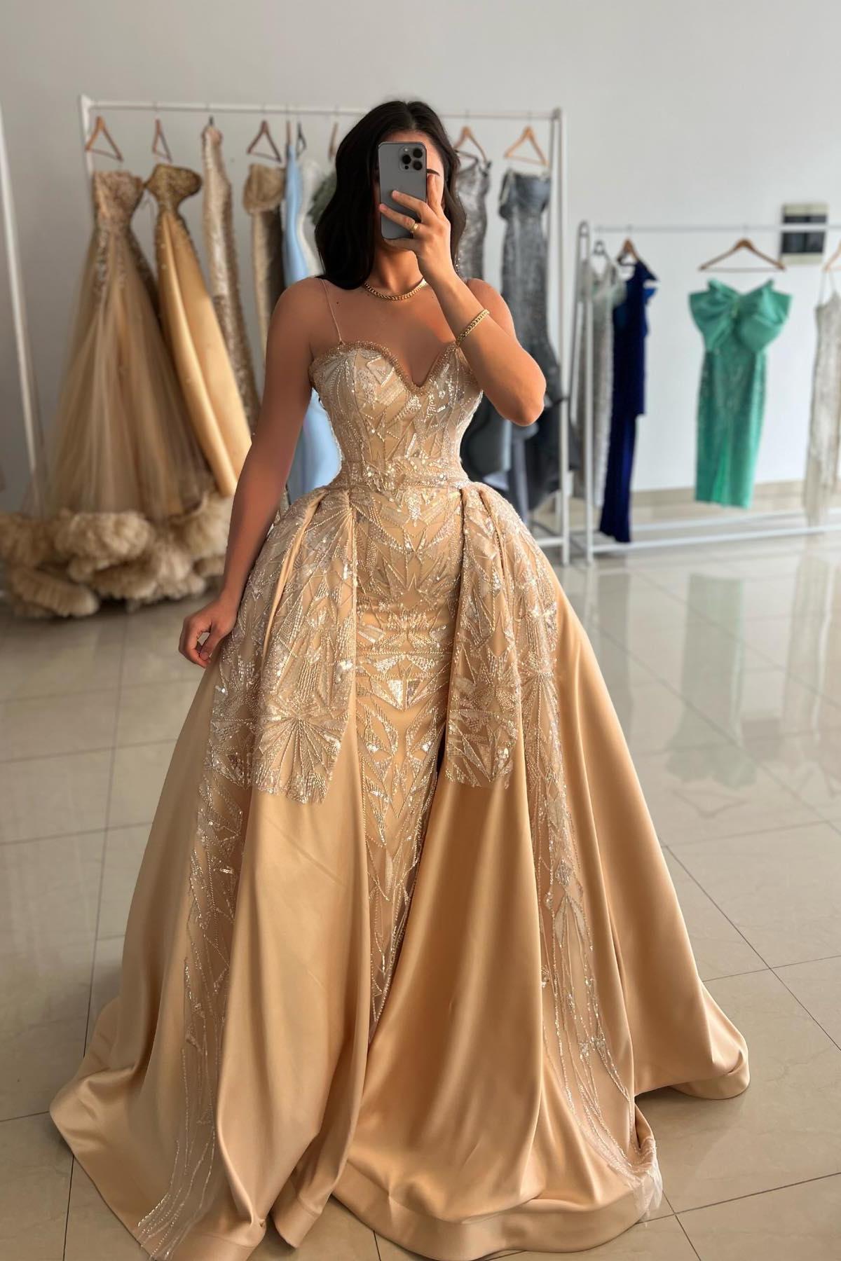 Extravagante Abendkleider Lang Gold Abiballkleider Ballkleider A Linie Glitzer