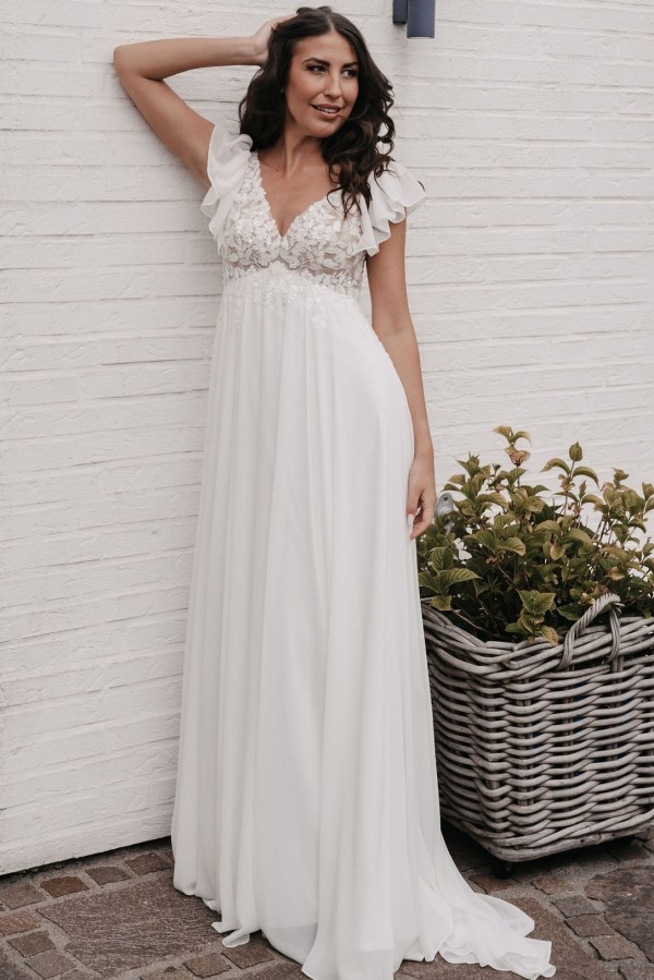 Schlichte Hochzeitskleider Chiffon Sommer Brautkleider mit Spitze