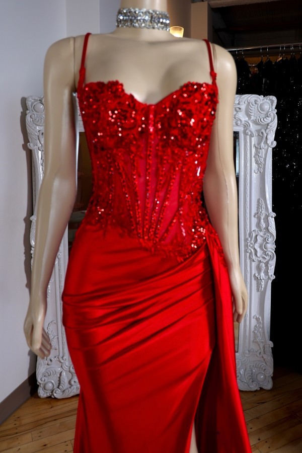 Rot Abendkleider Lang Träger Satin Bodenlang Abendmoden Abiballkleider Günstig