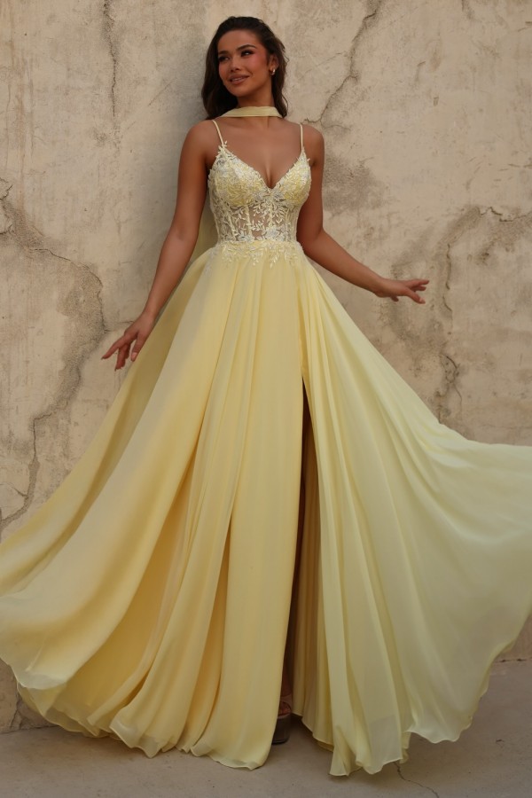 Neue Chiffon Ballkleid Lang Gelb Abendkleider mit Spitze