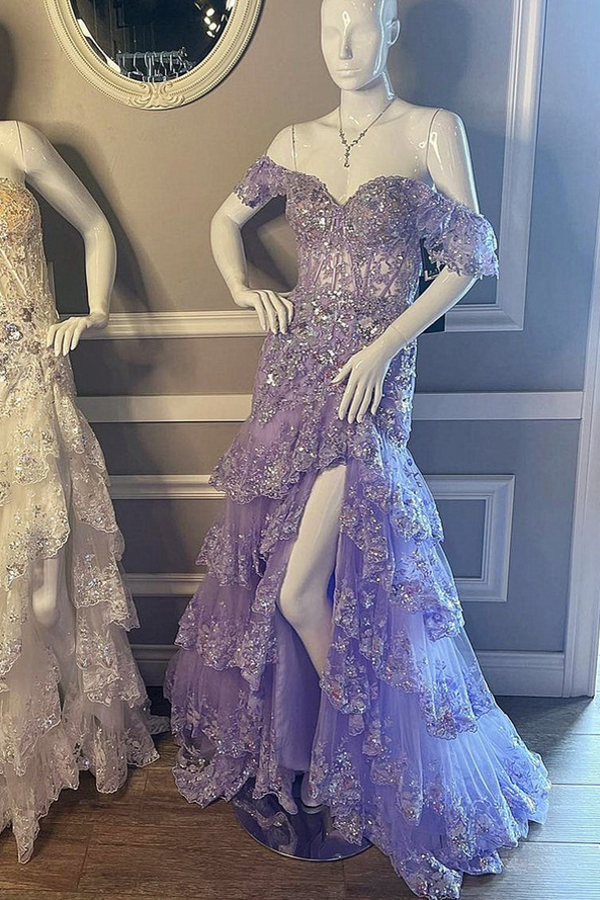 Himmel Blau Abendkleider Lang Spitze Ballkleider mit Glitzer-babyonlinedressde