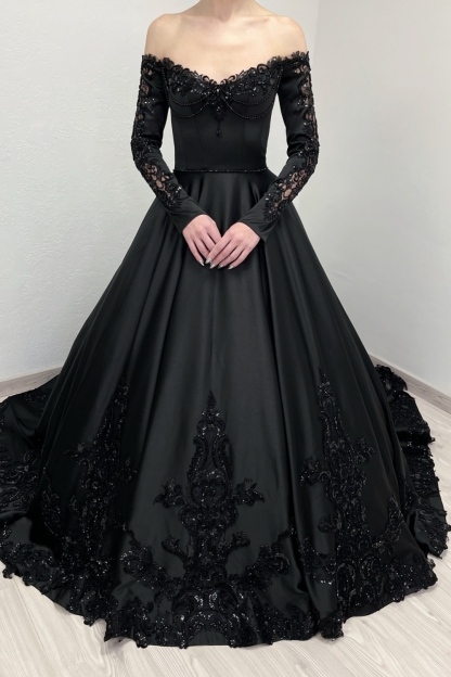 Designer Hochzeitskleider A Linie Schwarz Brautkleider mit Ärmel