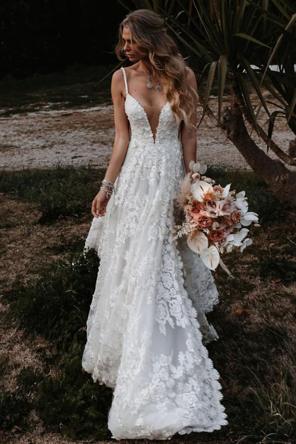 Wunderschöne Boho Brautkleider Spitze Strand Hochzeitskleid A Linie