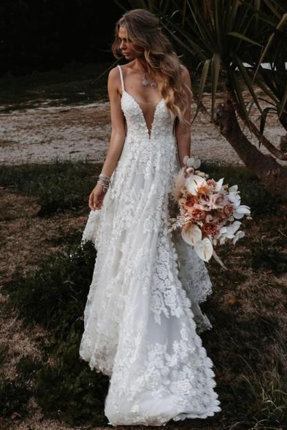 Wunderschöne Boho Brautkleider Spitze Strand Hochzeitskleid A Linie