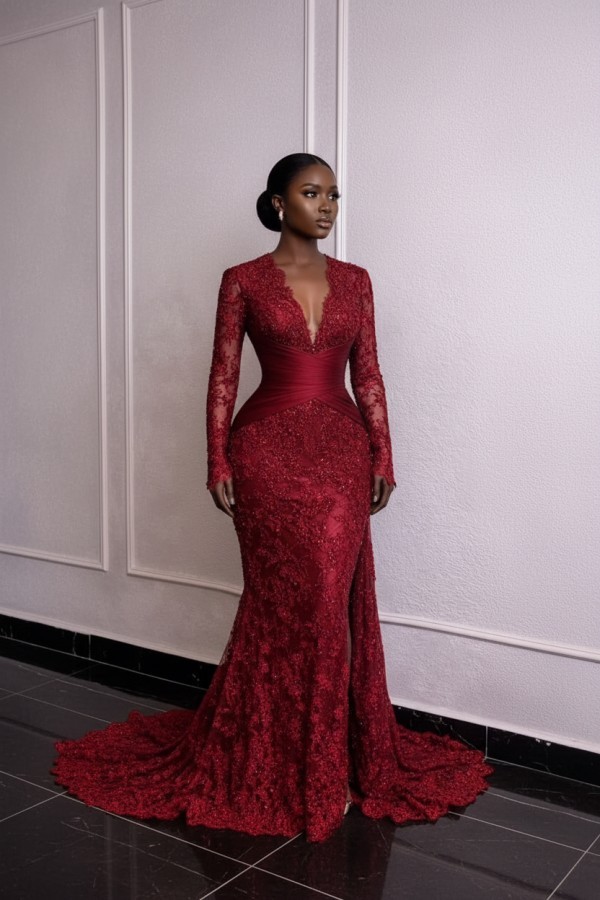 Designer Ballkleider Lang Weinrot Spitze Abendkleider mit Ärmel