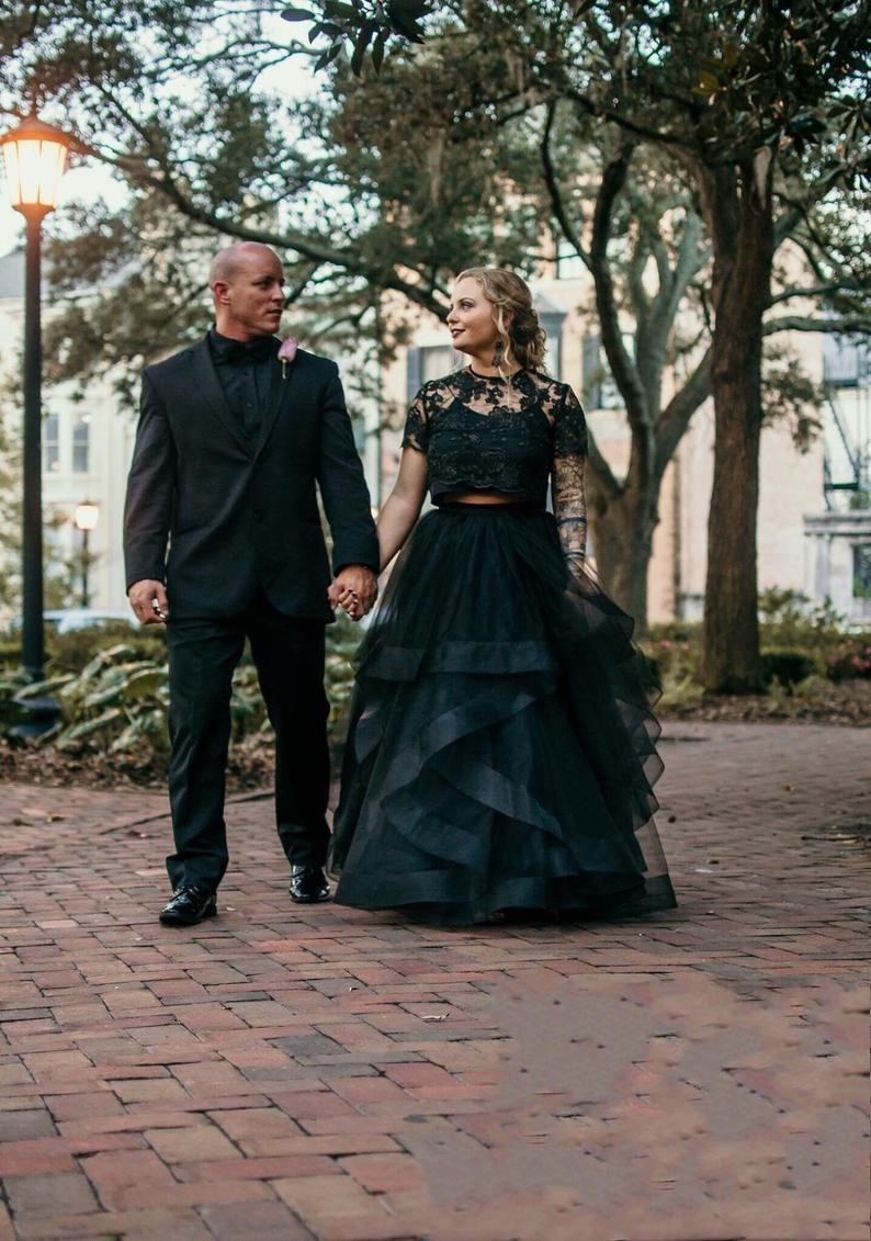 2 Teillige Brautkleider Mit Ärmel | Spitze Hochzeitkleid Schwarz