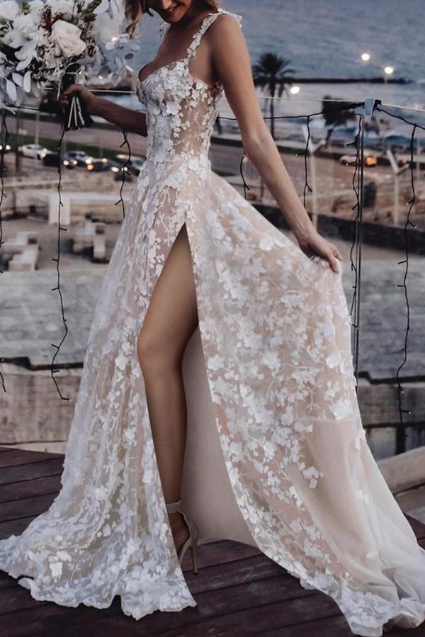 Champagne Hochzeitskleider A Linie Spitze Boho Brautkleid Online
