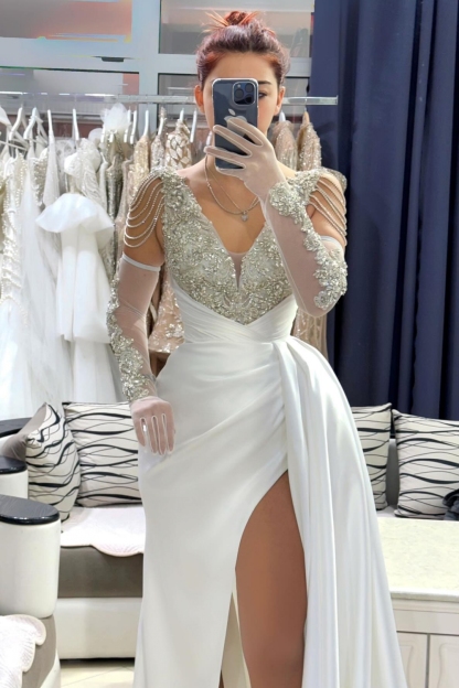 Weiße Ballkleider Lang Glitzer Abiballkleider Abendkleid mit Ärmel