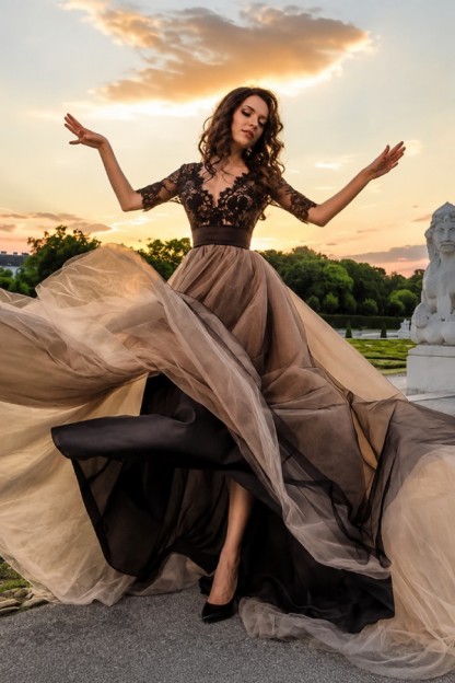 Elegante Abendkleider Schwarz Mit Spitze Ärmel Abendkleid Lang Günstig