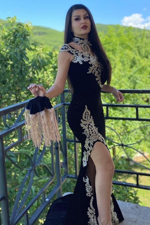 Designer Abendkleider Lang Schwarz Velvet Abendmoden Meerjungfrau