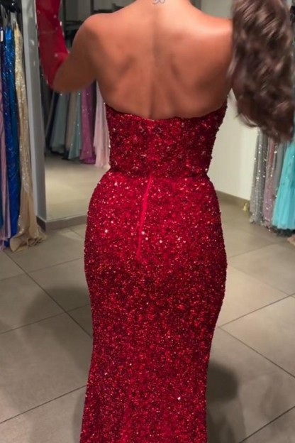 Rotes Abendkleid Ballkleider lang Spitze Glitzer Meerjungfrau Stil